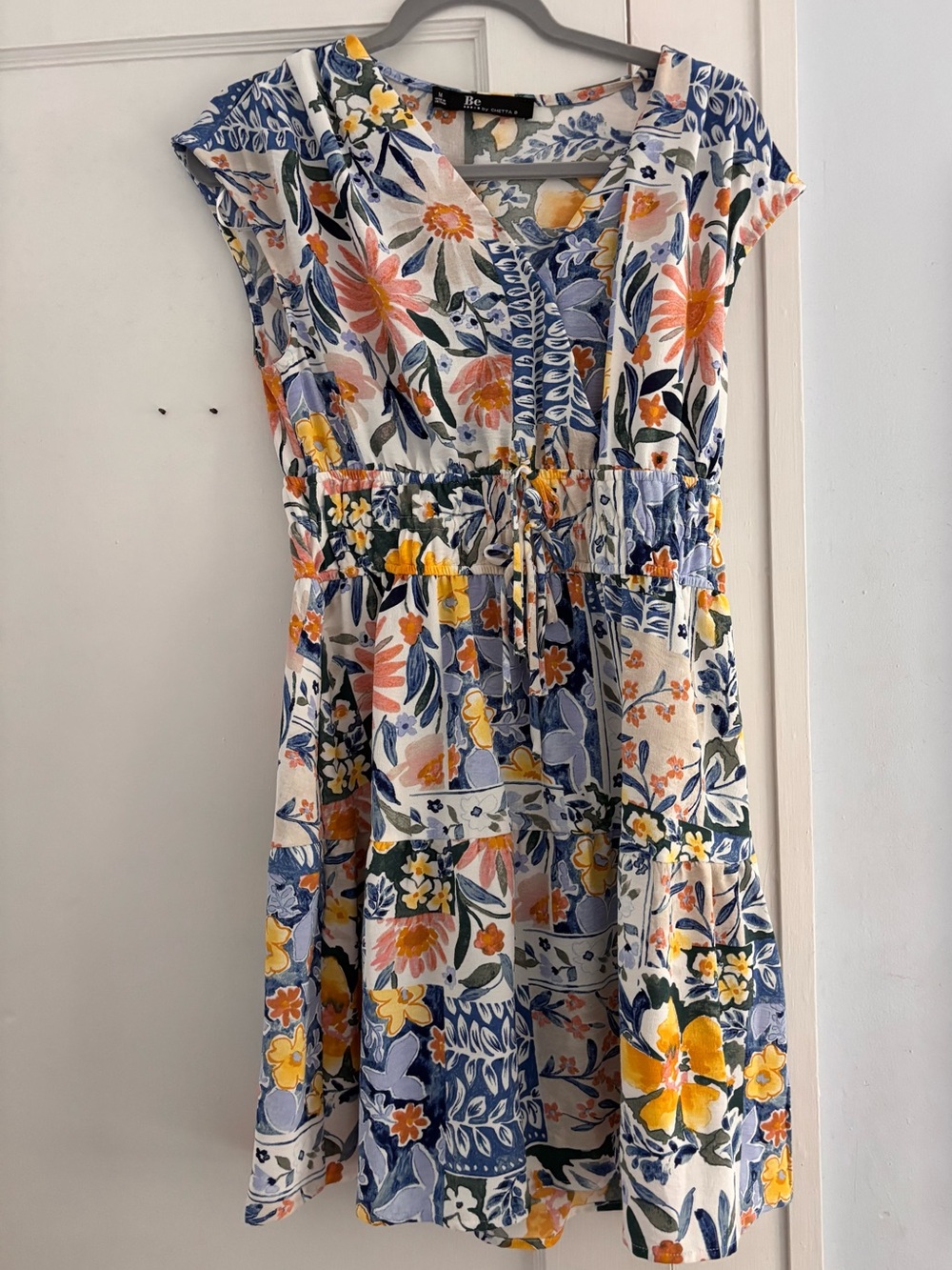 Chetta B Blue, Yellow & Orange Floral Drawstring Midi Dress